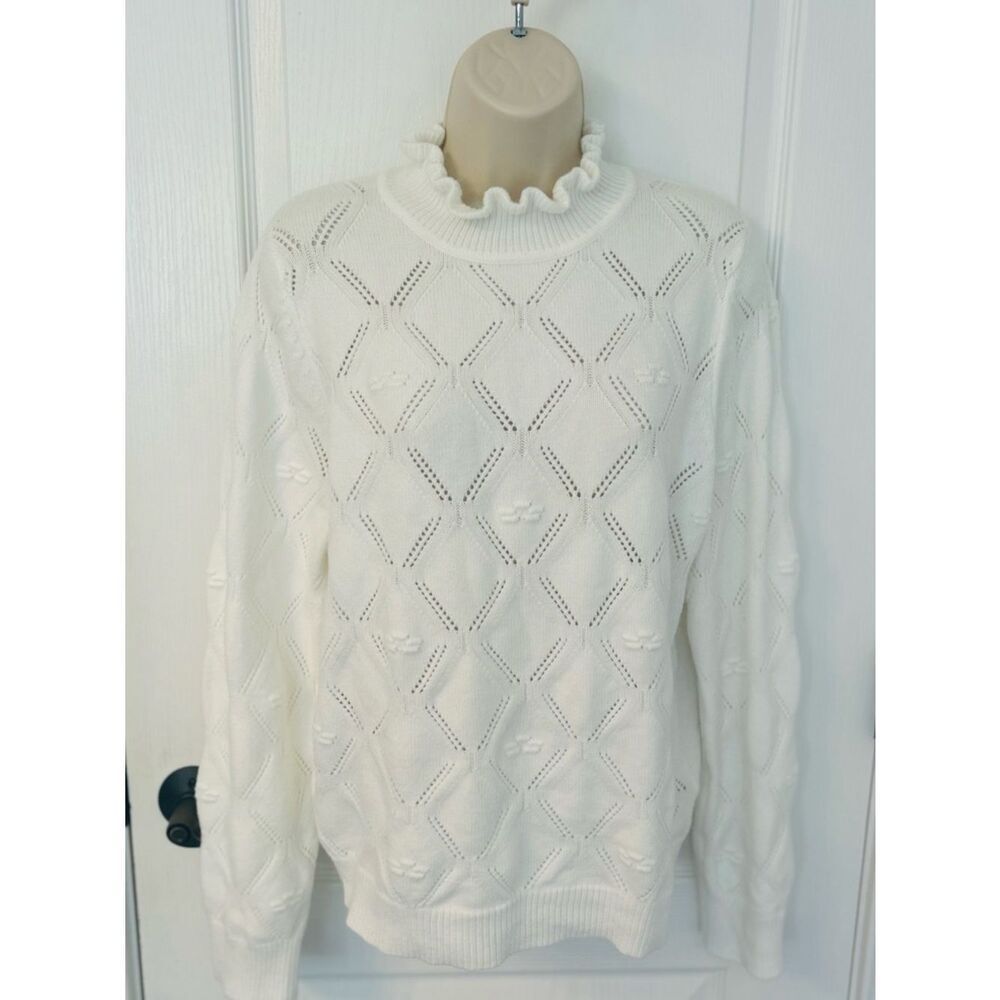 Nanette Lepore Ruffled Neck White Openwork Knit Sweater!